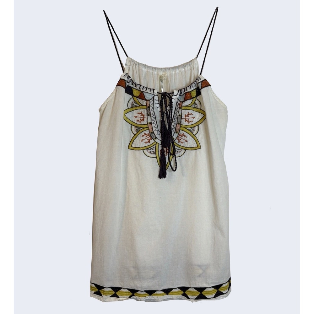 Unit White Boho Embroidered Blouse Purple Tassle Tie Straps Camisole Size Large